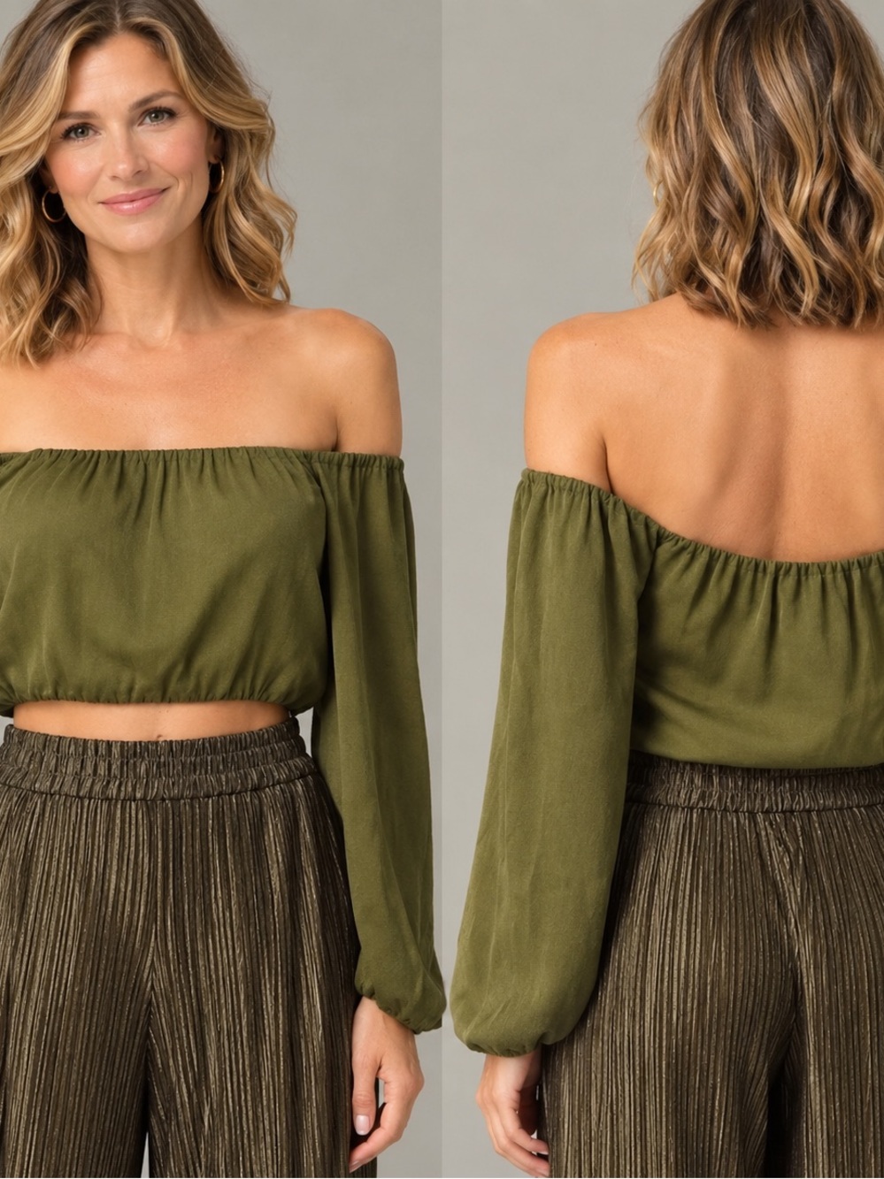 Alice + Olivia Olive Off-Shoulder Silk Long Sleeve Crop Top - NWT -Size M
